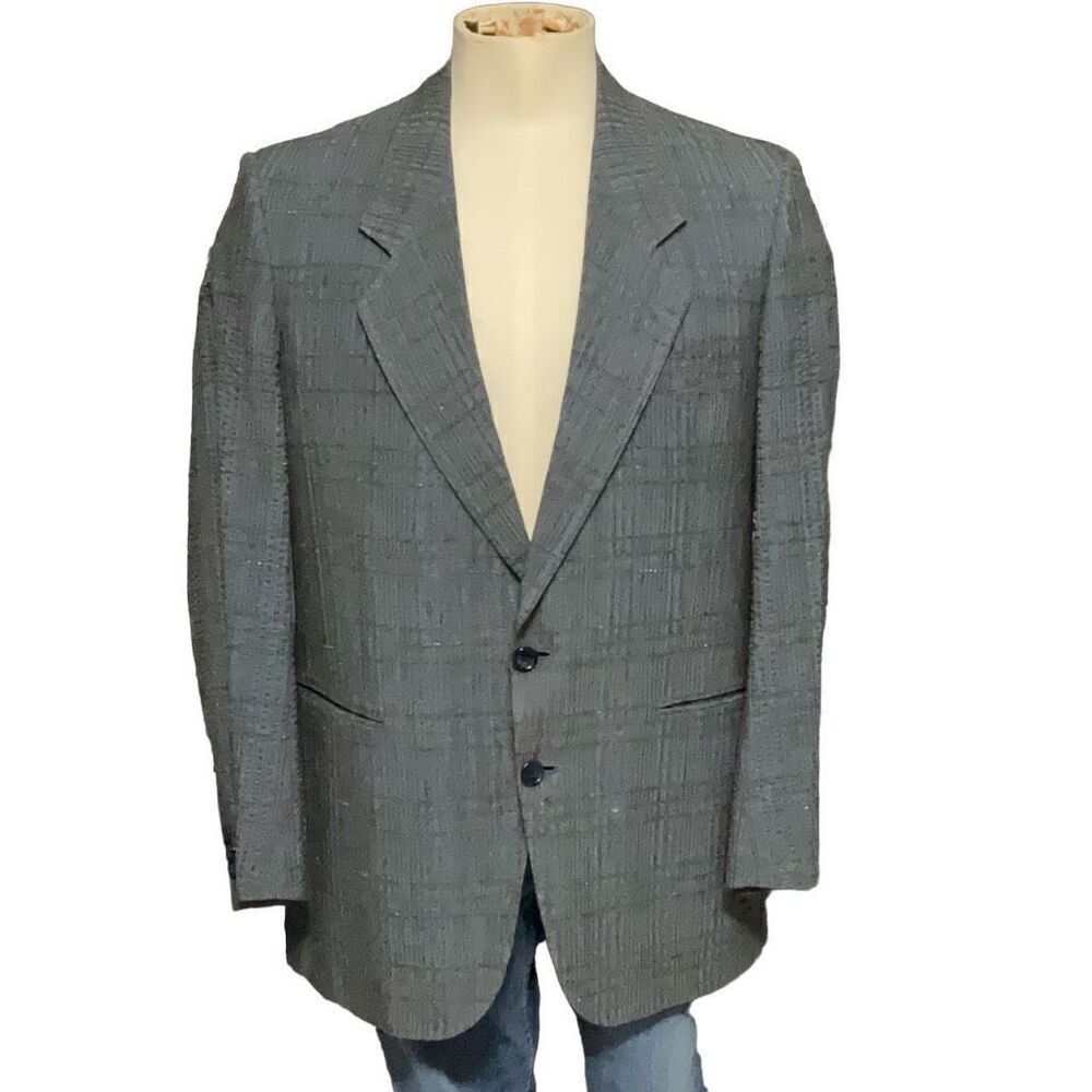 Christian Dior Blue Gray Cotton Rayon Vtg 80s Seersucker 2 Button Blazer Mens 42